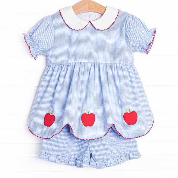 An Apple a Day Applique Ruffle Short Set, Blue Gingham