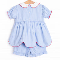 An Apple a Day Applique Ruffle Short Set, Blue Gingham