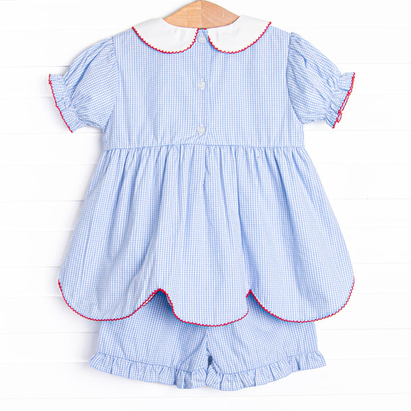 An Apple a Day Applique Ruffle Short Set, Blue Gingham