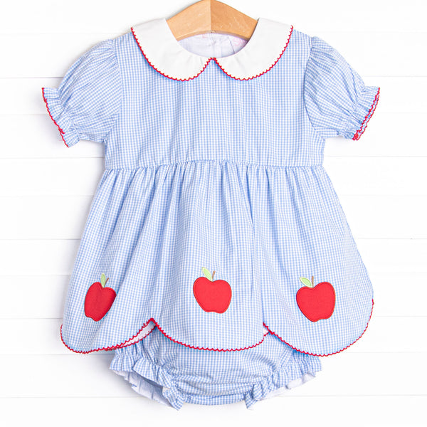 An Apple a Day Applique Diaper Set, Blue Gingham