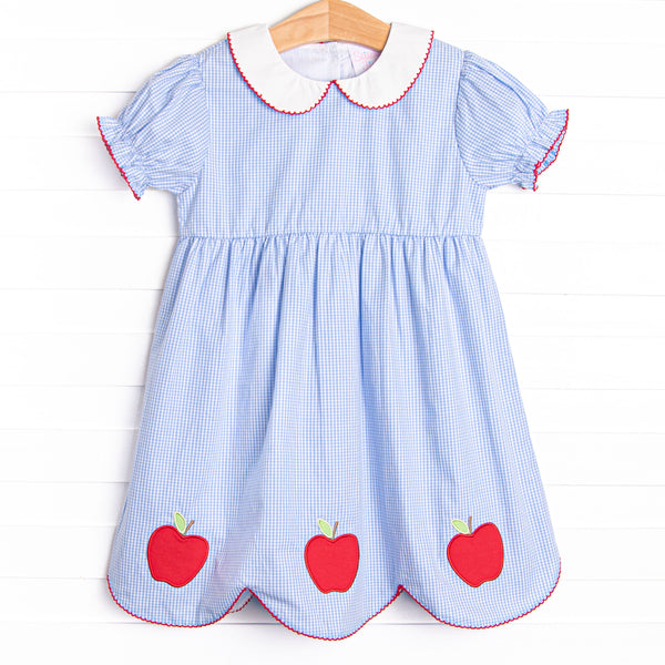 An Apple a Day Applique Dress, Blue Gingham