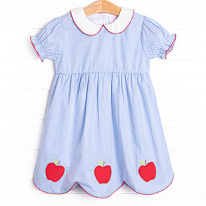 An Apple a Day Applique Dress, Blue Gingham