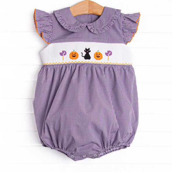 Trick or Treat Tabby Smocked Bubble, Purple