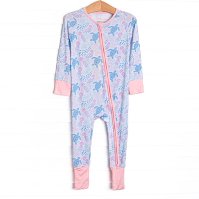 Sea Turtle Season Bamboo Zippy Pajama, Pink and Blue