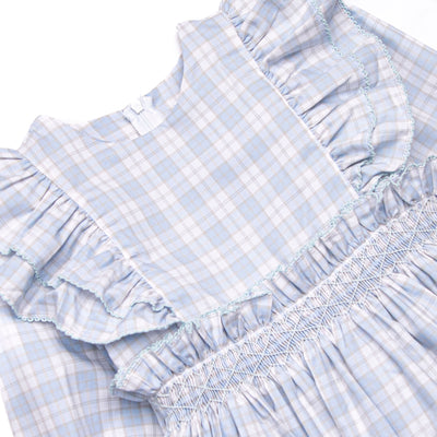 Bleu: Vivian Smocked Long Sleeve Dress, Light Blue and Tan Plaid