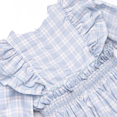 Bleu: Vivian Smocked Long Sleeve Dress, Light Blue and Tan Plaid