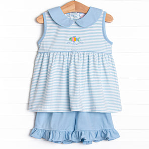 Shimmering Scales Embroidered Short Set, Blue