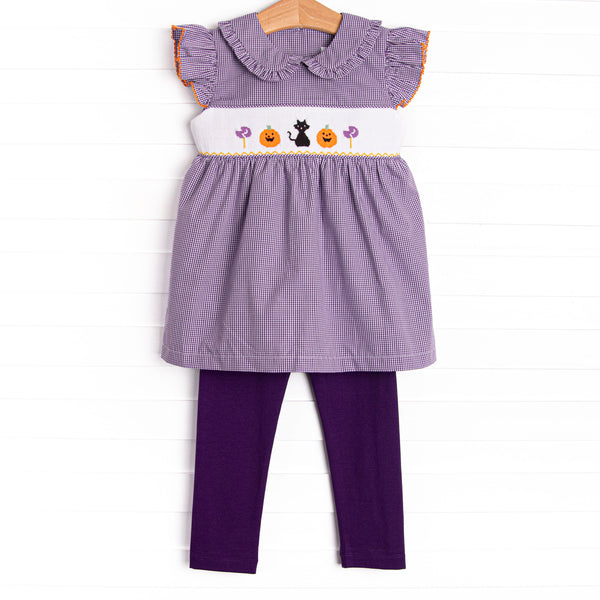 Trick or Treat Tabby Smocked Legging Set, Purple