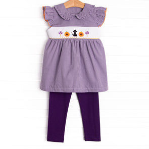 Trick or Treat Tabby Smocked Legging Set, Purple