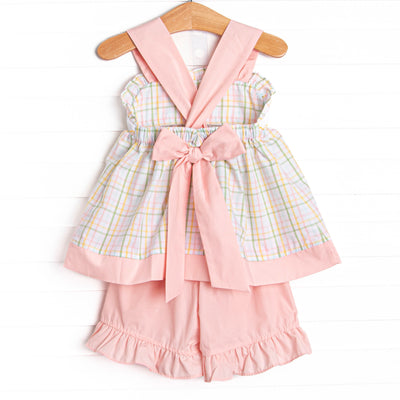 Golfing in Gingham Smocked Ruffle Short Set, Pink