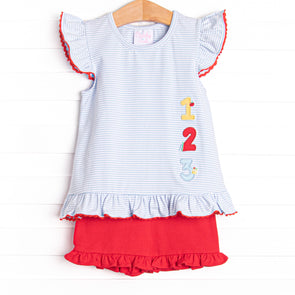 Easy As 1, 2, 3 Applique Ruffle Short Set, Blue Stripe