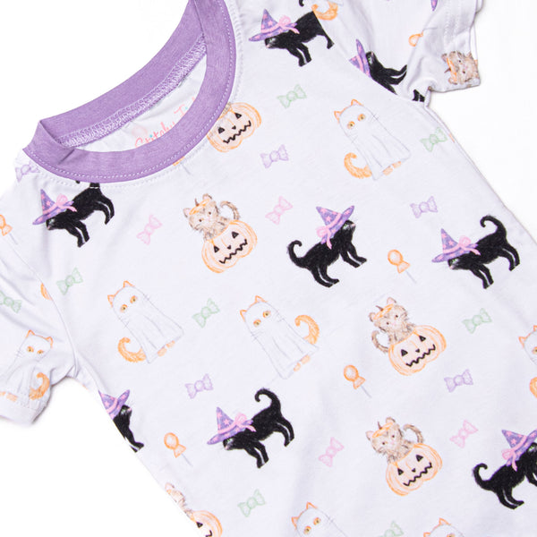 Whiskers and Witches Bamboo Pajama Short Set, Purple