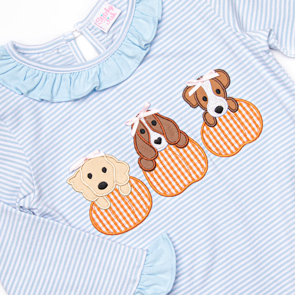 Halloween Hounds Applique Ruffle Romper, Blue