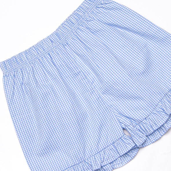 An Apple a Day Applique Ruffle Short Set, Blue Gingham