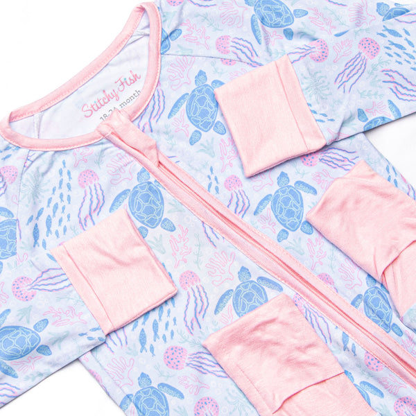 Sea Turtle Season Bamboo Zippy Pajama, Pink and Blue