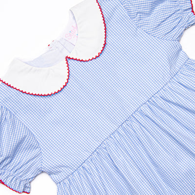 An Apple a Day Applique Ruffle Short Set, Blue Gingham