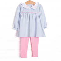  This set features light blue stripes, a ruffle trimmed Peter Pan collar, and a pink bow embroidery. Coordinating pink leggings to match. 