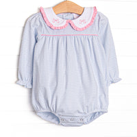  This bubble features light blue stripes, a ruffle trim Peter Pan collar, and a pink bow embroidery. 