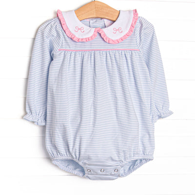  This bubble features light blue stripes, a ruffle trim Peter Pan collar, and a pink bow embroidery. 