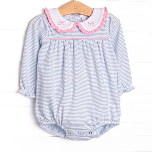  This bubble features light blue stripes, a ruffle trim Peter Pan collar, and a pink bow embroidery. 