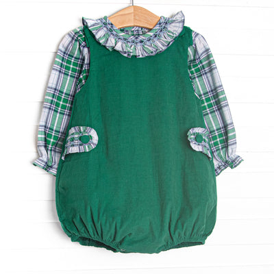  This bubble set&nbsp; features a blue plaid top with a ruffle collar and a green corduroy bubble with ruffle button-on tabs. 