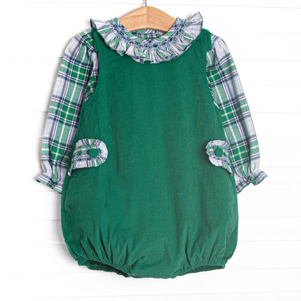  This bubble set&nbsp; features a blue plaid top with a ruffle collar and a green corduroy bubble with ruffle button-on tabs. 