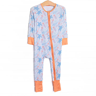 Sea Turtle Season Bamboo Zippy Pajama, Orange and Blue