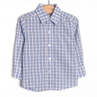 This top features a navy blue and light blue&nbsp; plaid print,&nbsp;polo collar, and buttons.