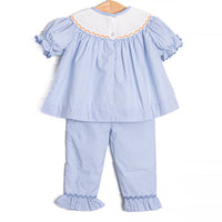 Candy Corn Craze Smocked Ruffle Pant Set, Blue