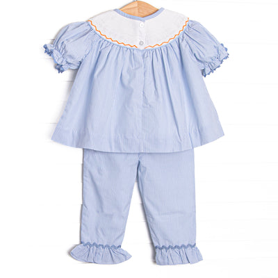 Candy Corn Craze Smocked Ruffle Pant Set, Blue