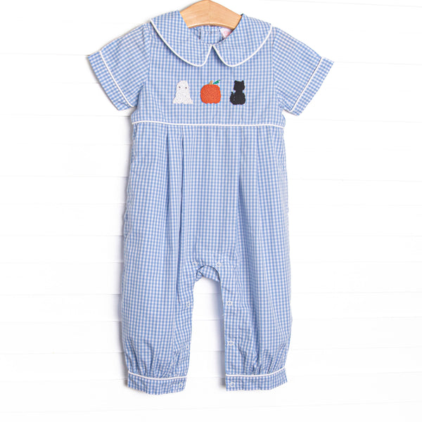 This romper features a blue gingham fabric, Halloween embroidery, and a Peter Pan collar
