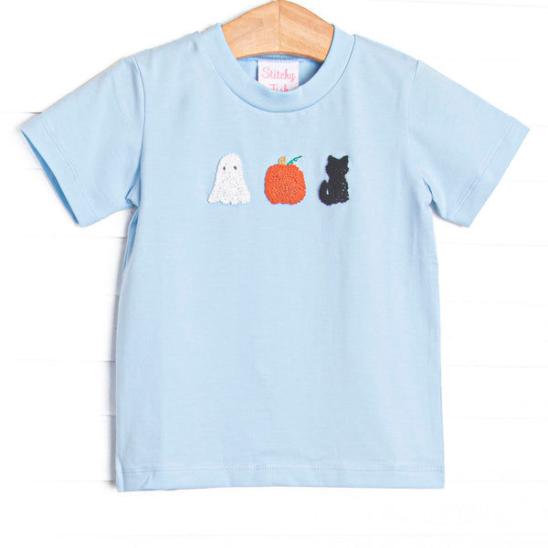  This top features a blue knit fabric, Halloween embroidery, and short sleeves. 