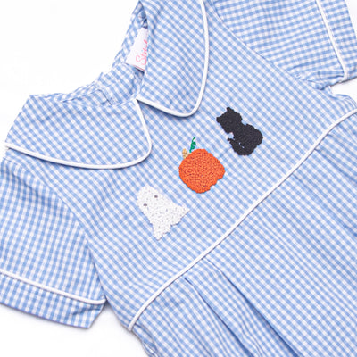 Fright Night French Knot Embroidered Romper, Blue