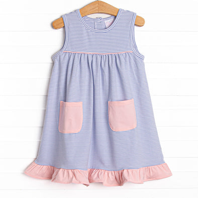 Elle Ruffle Dress, Pink and Periwinkle Stripe