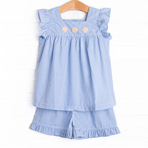Shoreline Shells Embroidered Ruffle Short Set, Blue