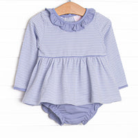 This set features Periwinkle stripes, long sleeves, and ruffle trim. Coordinating diaper cover to match.