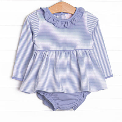 This set features Periwinkle stripes, long sleeves, and ruffle trim. Coordinating diaper cover to match.