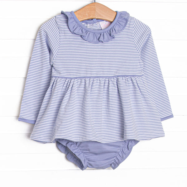 This set features Periwinkle stripes, long sleeves, and ruffle trim. Coordinating diaper cover to match.