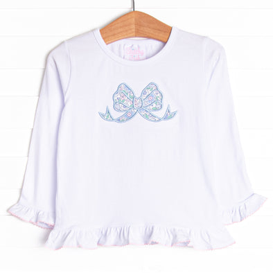 Gorgeous Bow Applique Ruffle Top, White