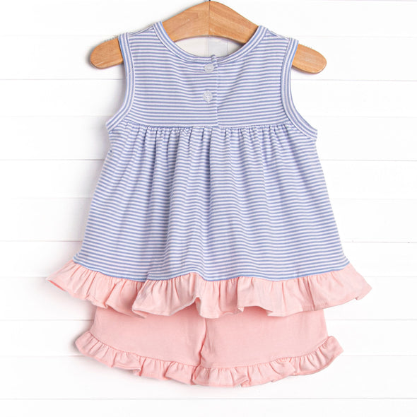Elle Ruffle Short Set, Pink and Periwinkle Stripe