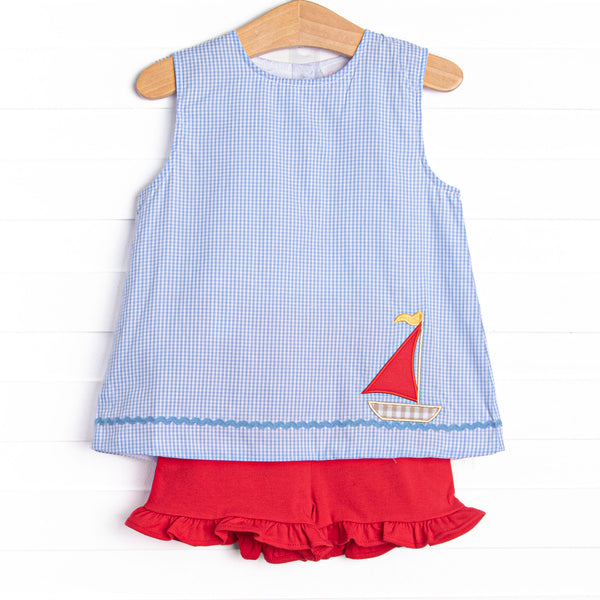Nautical Navigator Applique Ruffle Short Set, Blue