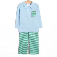The set features soft knit material, a long sleeve polo top and coordinating Kelly green striped pants.