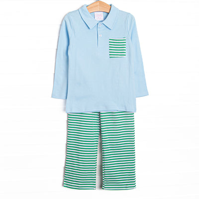 The set features soft knit material, a long sleeve polo top and coordinating Kelly green striped pants.