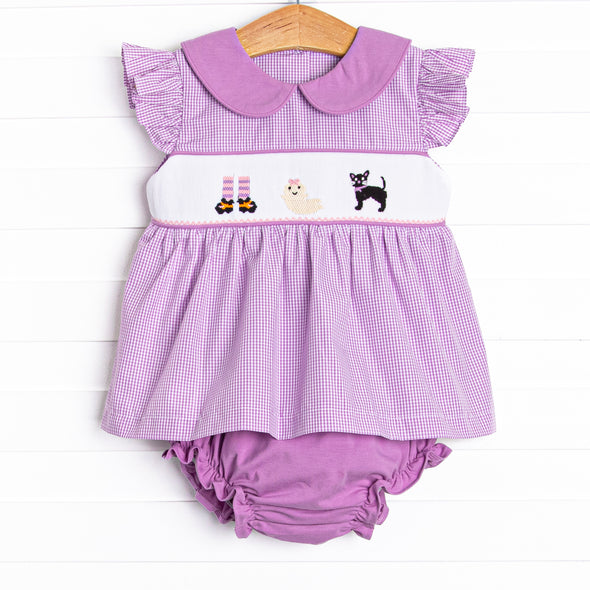 Fright Night Smocked Diaper Set, Purple