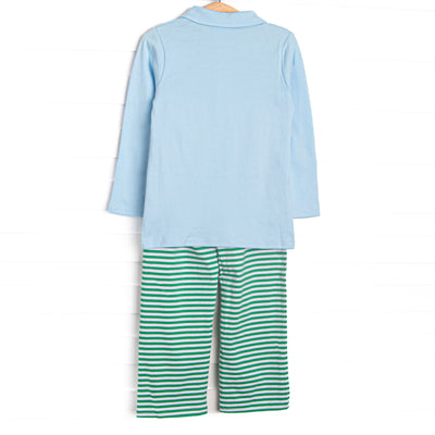 Levi Pant Set, Blue and Kelly Green Stripe