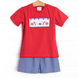 Slugger Season Smocked Short Set, Blue