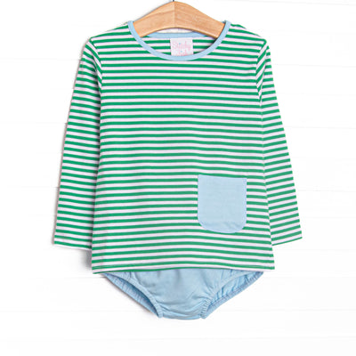 This cozy knit favorite is a staple for every little guy's closet featuring soft knit material, coordinating blue knit diaper cover, and kelly green stripes.