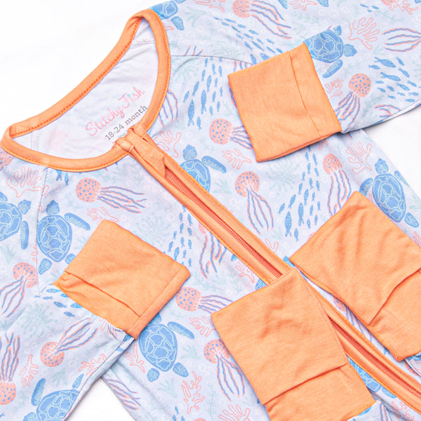 Sea Turtle Season Bamboo Zippy Pajama, Orange and Blue
