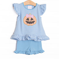 This set features blue striped knit fabric, jack-o'-lantern applique, and flutter shoulders. Coordinating blue ruffle shorts to match.