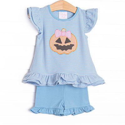 This set features blue striped knit fabric, jack-o'-lantern applique, and flutter shoulders. Coordinating blue ruffle shorts to match.